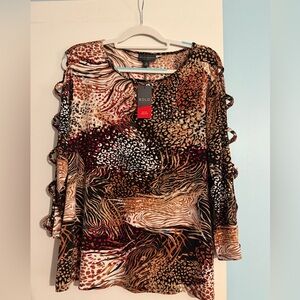 BOLD elements Brown Black Multi-Animal Print Cutout Sleeve Blouse